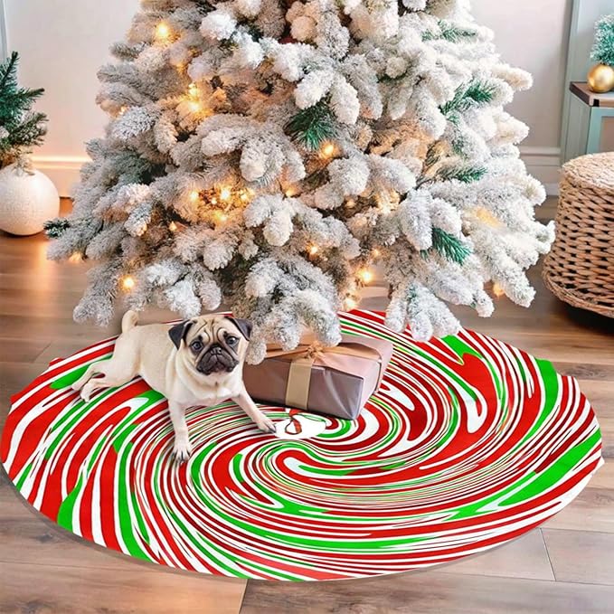 36" Red and Green Swirl Christmas Tree Skirt Sweet Peppermint Candy Tree Mat Base Cover for Xmas Festive Holiday Party Decoration Ornaments