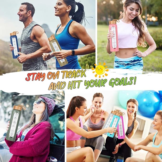 Aqulea Glass Water Bottles 32 Oz with Silicone Sleeve - BPA Free Reusable Wide Mouth Glass Motivational Water Bottles with Fruit Infuser – Leak Proof Borosilicate Water Bottle with Time Marker (Black)