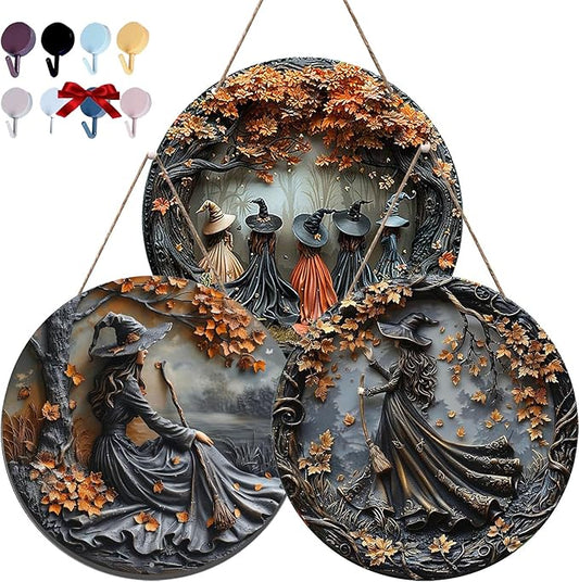 Fanyil/Olygee/Sherum/Shirem/Pubyfun/Glosrity/Libilin/Graddi/Solymody/Gowebs/Goredny/Vianys Witching Hour, Door Way Hanging Decor Halloween, 2D Wooden Round Witches Sign (A+B+C, 11.8")