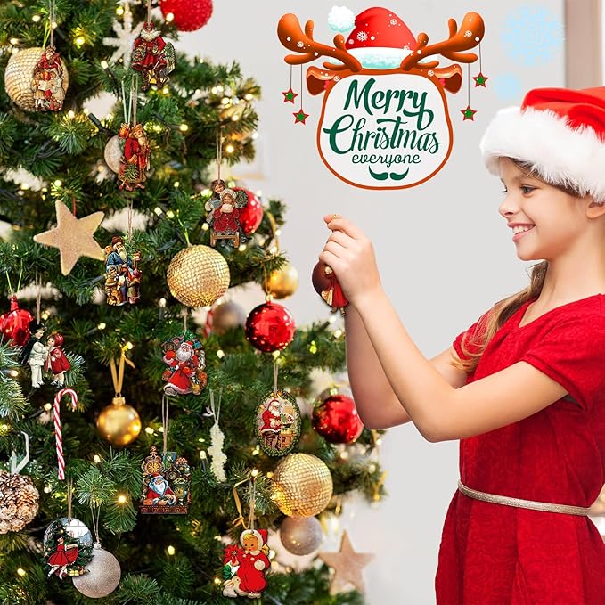 48 Pcs Vintage Wood Ornaments - Victorian Style Santa Claus, Snowman & Retro Decor for Christmas Trees