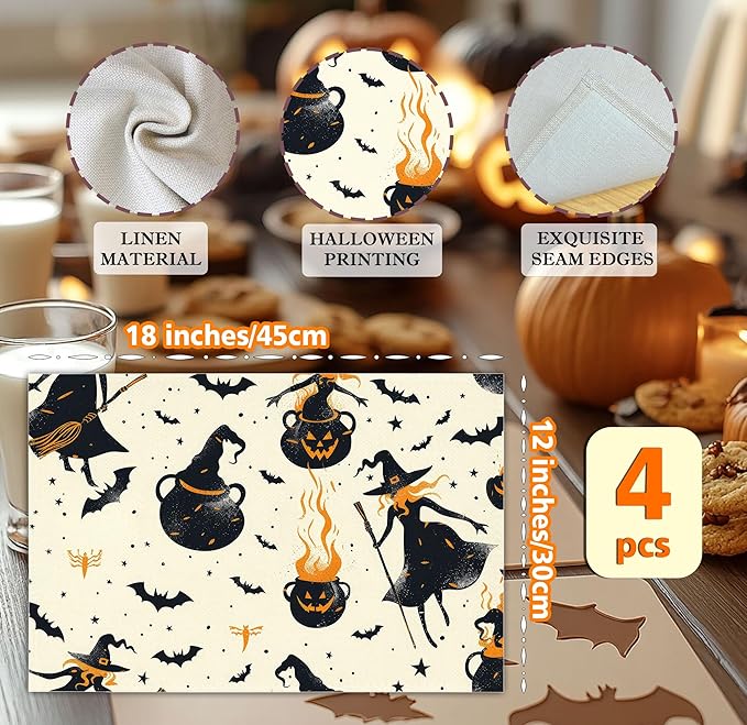 Halloween Spooky Placemats Set of 4, 12x18 Inch Pumpkin Witch Table Mats, Washable Heat Resistant Place Mats for Kitchen Dining Table, Halloween Themed Decoration for Home-B04