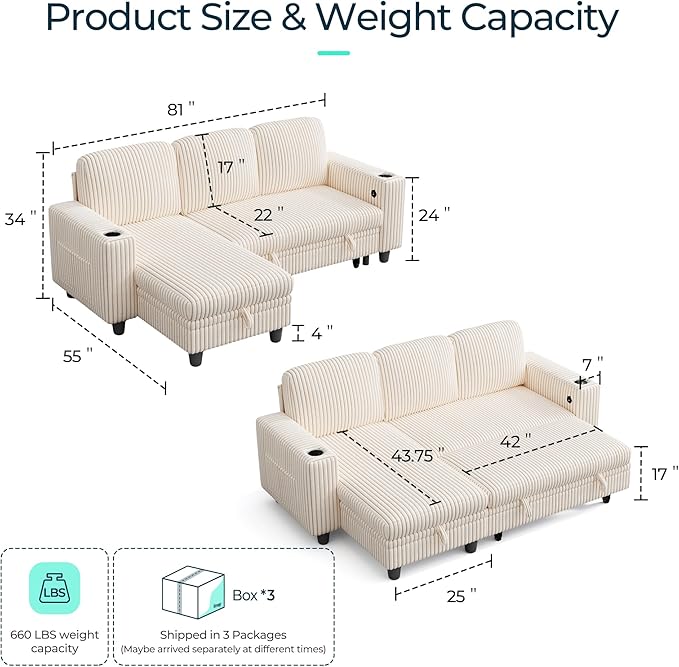 LINSY HOME Sectional Sleeper Sofa with Pull Out Couch Bed - Convertible Plush Corduroy Cloud Couch with Storage Chaise & USB Charging, Comfy L Shaped Modular Couches for Living Room Apartment, Beige