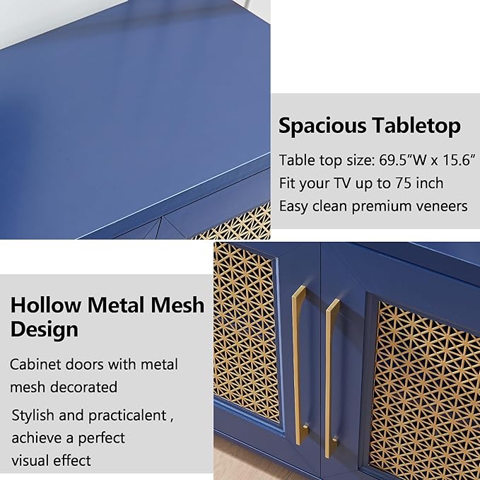 JYED Mid Century Modern TV Stand for TVs up to 75", 69.5" W Blue Entertainment Center with 4 Gold Metal Mesh Doors - Wood Grain MDF TV Console, Media Storage