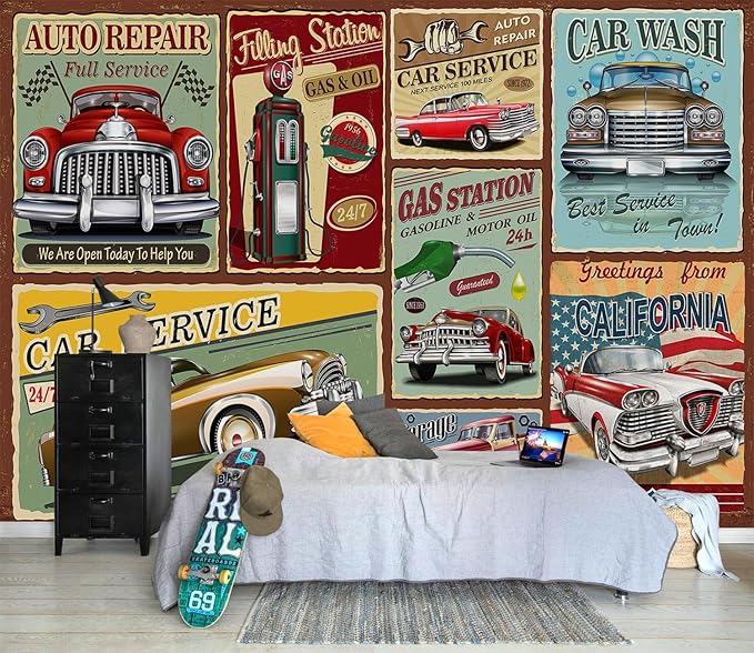 AFZEVEB-Car Poster Wallpaper Vintage Wall murals for Bedroom 159"x107" (Not Peel and Stick)
