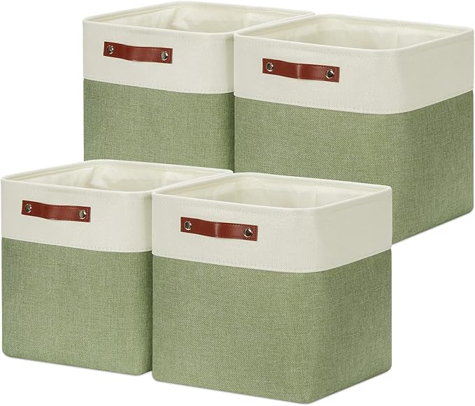 DULLEMELO Storage Basket, Linen Closet Organizers and Storage Baskets for Home Office, Suitable as Dog Toy Box, Baby Gift Basket, 4 Pieces 12x12 Decorative Cube Storage Bins(4 Pack - 12" White&Green)