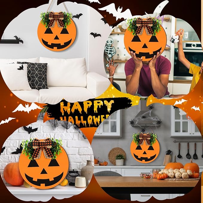 Halloween Wreaths for Front Door Ghost Door Hanger Wooden Hanging Sign 11.8 x 11.8 Inch Pumpkin Welcome Wreath Sign for Wall Porch Outside Farmhouse Home Indoor