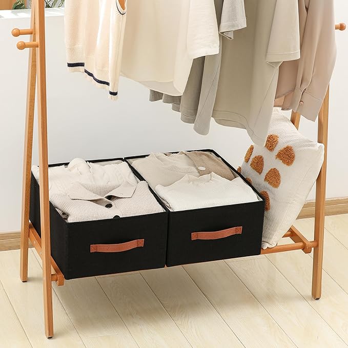 linen closet organizers and storage, 3 Pack Large Storage Baskets, Washable, Clothing Storage Bins with Handle, Closet Organizer for Storage Sweater,Sheets (Black, 18½"x13½"x8½")