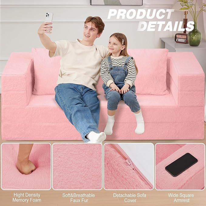 Folding Bean Bag Chair for Adults,3-in-1 Bean Bag Couch Faux Fur Floor Sofa Large Beanbag Convertible Bean Bag Sofa Bed with Pillow in Bedroom,Living Room,Apartment(Queen,Pink)