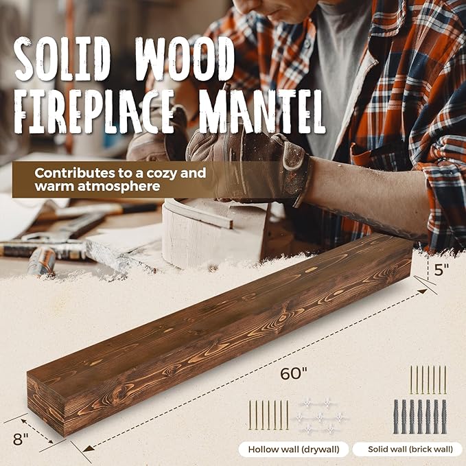 60x8x5 Fireplace Mantel - Handcrafted Hollow Rustic Solid Wood Wall Mounted Floating Shelf with Invisible Heavy Duty Wood Bracket (Weathered Brown)