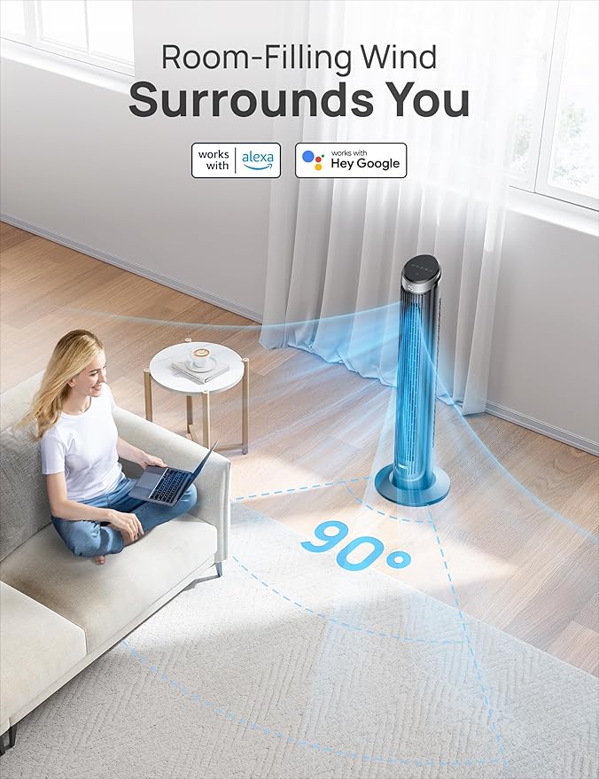 Dreo Smart Tower Fan for Bedroom, 90° Oscillating 40" Standing Fan, 26ft/s High-Speed 5 Speeds 4 Modes, Quiet Room Floor Fans, Touch/Remote/APP & Voice Control, Work with Alexa, 12H Timer, Silver