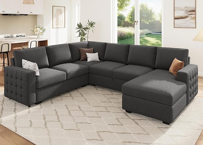HONBAY Sectional Couch with Pull Out Bed, U-Shaped Sectional Sleeper Sofa with Storage, 6 Seater Sectional Sofa Bed, Mid-Grey