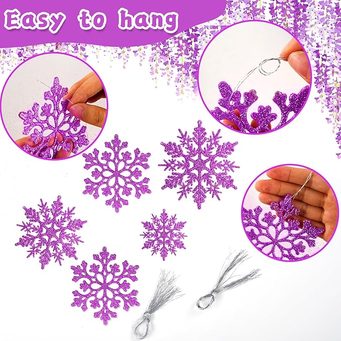 36pcs Christmas Light Purple Snowflake Ornaments，Plastic Light Purple Snow Flakes Hanging Ornaments for Christmas Tree Decor Winter Wonderland Frozen Birthday Party Holiday Home Decor Craft Snowflake