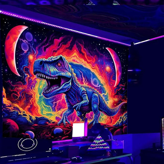 Dinosaur Wall Art, Blacklight Posters for Boys Room, UV Tapestry for Bedroom, Trippy Kids Wall Hanging, Dino Wall Decor (29x37in)