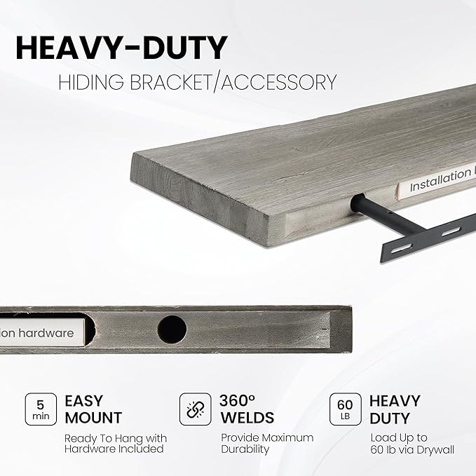 Fun Memories Floating Shelves for Wall, 48"x9.3" Rustic Solid Elm Wood Shelves, Heavy-Duty Wall Mounted Shelves with Invisible Brackets for Living Room, Bedroom, Kitchen, Grey Finish