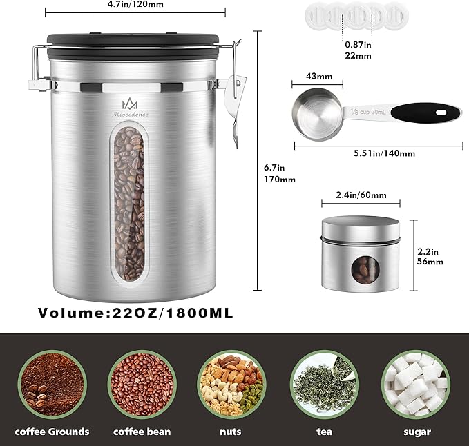 Coffee canister for ground coffee with Transparent Window,Date Tracker,CO2 Valve 304 Stainless Steel Kitchen Food Airtight storage container for Coffee Beans or Grounds, Tea, Sugar(Silver 22OZ)