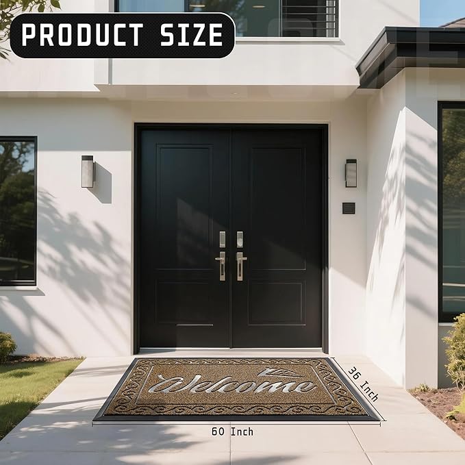 Yimobra Welcome Mat, Heavy Duty Sturdy Door Mats for Home Entrance Outdoor Indoor, Front Doormat for Outside Patio Floor Entry Porch Garage Office, Waterproof, Low Profile, 60 x 36, Beige Brown
