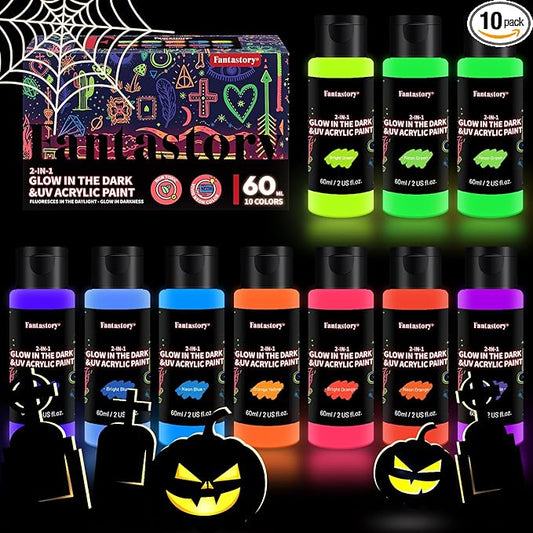 Fantastory Fluorescent Glow in the Dark Paint,60ml /2oz,Neon Colors Glow Acrylic Paints; Waterproof Blacklight Paint for Outdoor Rock,Wood,DIY Craft,Canva,Pumpkin,Halloween,Holiday Decor