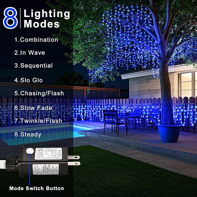 33ft 400LED Icicle Lights for Outside, Blue Christmas Lights for House Patio Yard Porch Backyard Holiday Garden Xmas Exterior Decoration, Waterproof Twinkle Cluster Light Hanging Light All Year