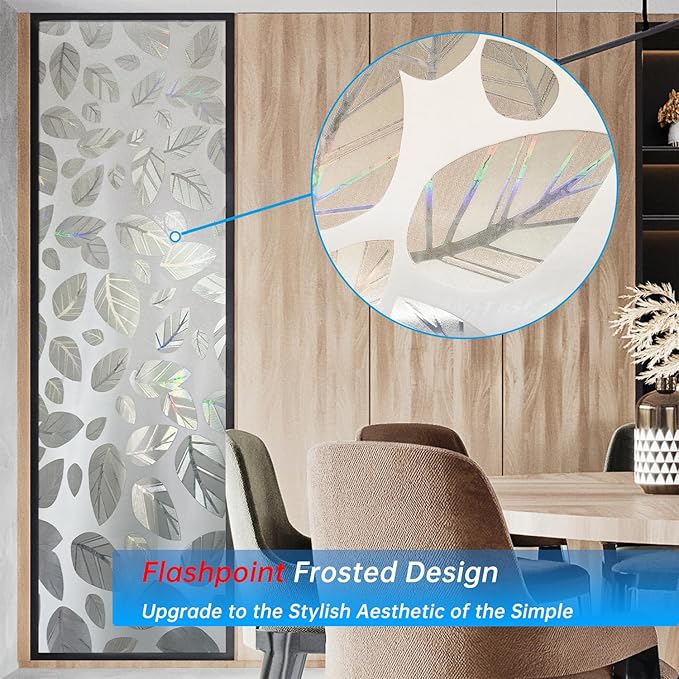 Frosted Glass Window Privacy Film Decorative, Bathroom Privacy Film for Glass Windows Cover, Static Cling, Removable, Reusable, Anti-UV, Anti-Glare, Heat Blocking,（Leaf White 17.5X78.7Inch）