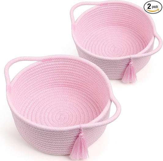 Small Cute Empty Gift Basket Little Woven Rope Organizer Baskets for Baby Shower Gifting, Makeup Brushes Holder, Bathroom- Decorative Vanity Storage Bins - 2 Pack, Pre-Shaped, Pastel Pink