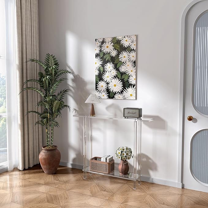 Acrylic Narrow Console Table for Entryway, 7.6" D x 39.4" W x 31.5" H, Square Legs, Skinny Entry Table for Sofa, Foyer, Hallway, Living Room, Modern, 2-Tier, Clear