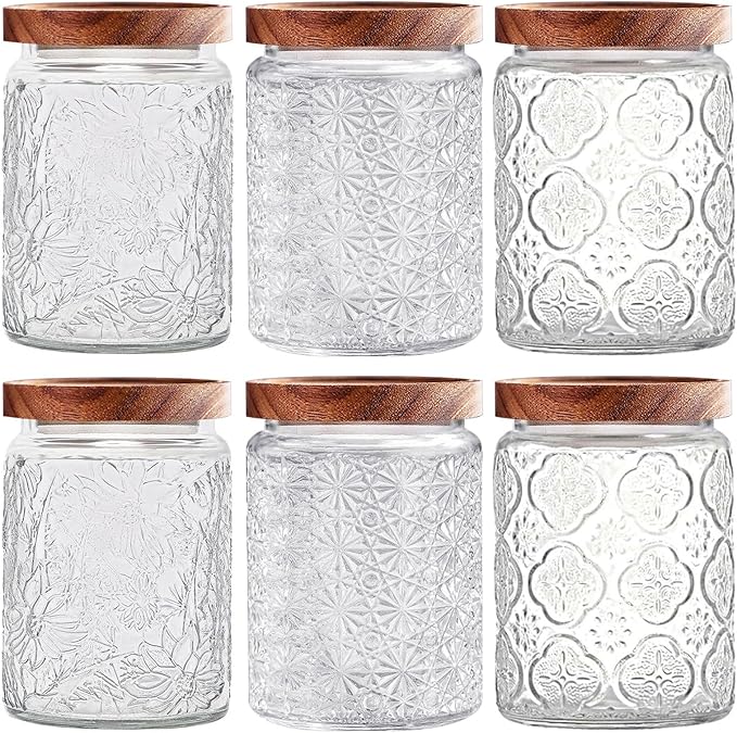 Vintage Glass Jars with Wooden Lids, 6 Pack 24 oz Airtight Glass Food Storage Containers Sets for the Kitchen, Sugar Coffee Candy Spice Cookie Tea Pasta