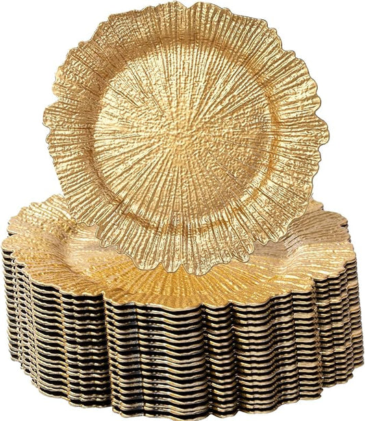 100 Pcs Charger Plates Bulk 13 Inch/Gold Charger Plate 13 in Round Matte Reef Plate Charger Ruffled Rim Dinner Charger Hollow out Flower Holde (100)