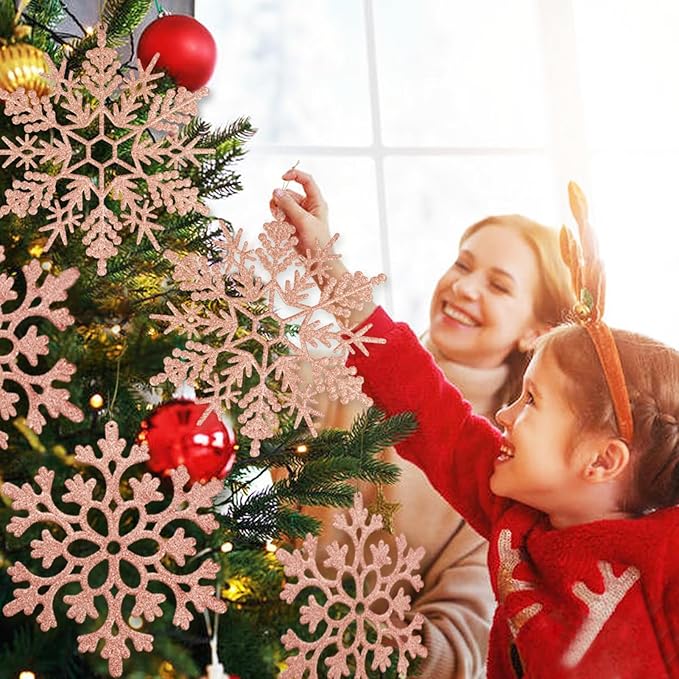 6pcs Large Snowflakes Ornaments Rose Gold 12” Big Plastic Glitter Snowflake for Winter Indoor Outdoor Christmas Tree Window Room Decorations Giant Craft Snowflakes