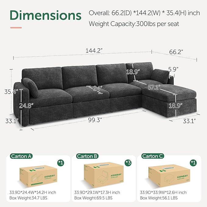 HONBAY Modular Sectional Couch with Storage Ottoman, Sectional Sofa with Storage Seats, L Shaped Sectional Couches for Living Room, Grey