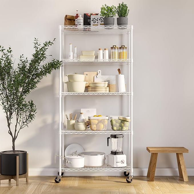Seville Classics UltraDurable Heavy Duty NSF Solid Steel Wire Rack Storage Unit, Organizer for Garage, Warehouse, Office, Restaurant, Classroom, Kitchen, White, 5-Tier Shelving, 36" W x 14" D