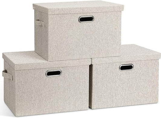 Large 17" 36 Quart Collapsible Stackable Storage Bins with Lids, 3 Packs Beige Linen Fabric Closet Boxes with Lids, Storage Cube Baskets Container Organizers for Bedroom Office(17 x12 x11)