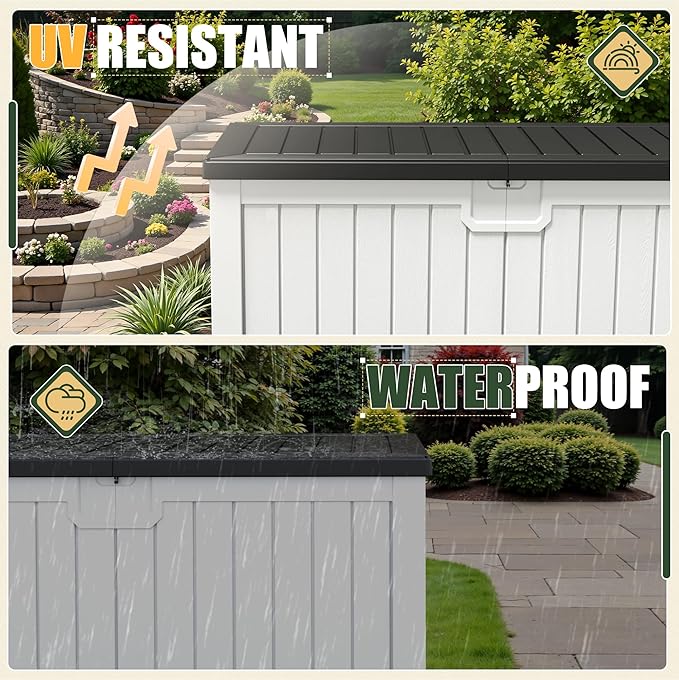 JUMMICO 250 Gallon Outdoor Resin Deck Box with Divider, Waterproof Storage Box with Lockable Lid&Side Handles for Garden Tools, Pools Supplies (White with Black Cover)