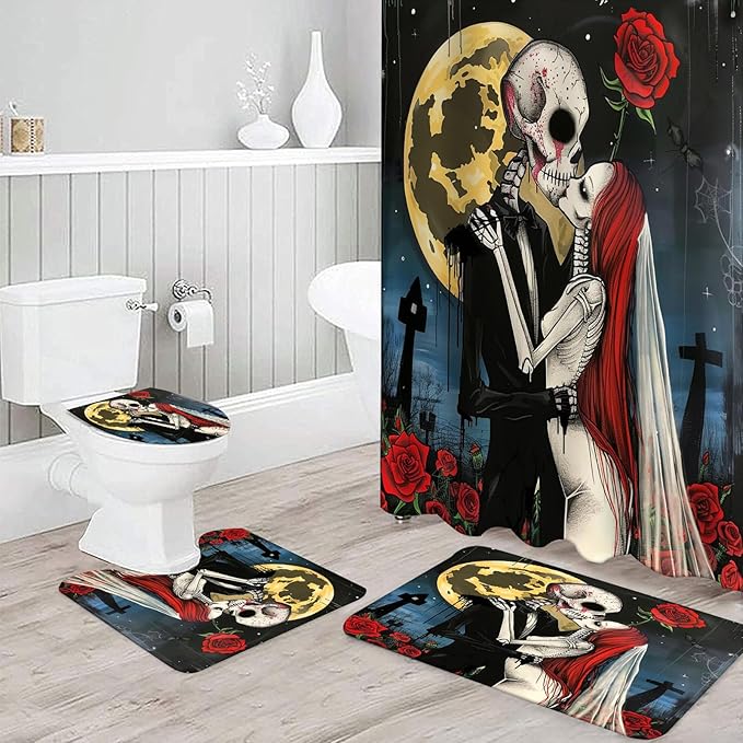 NEWSUYAA Halloween Decorations Shower Curtain Set with Non-Slip Rugs and Bath Mats,Black Skull Skeleton Bathtub Curtains with 12 Hooks,All Saints'Day (Nov 1st) Bathroom Decor
