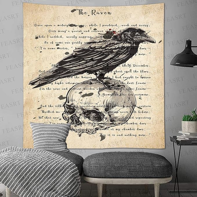 Gothic Skull and Raven Dictionary Tapestry The Raven Wall Tapestry Edgar Allan Poe Rustic Home Room Mural Posters 51x60 Inches for Living Room Bedroom Home Dorm GTQQAY1543