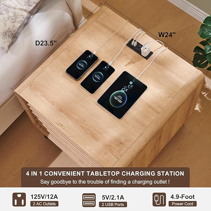 RedLemon 24" Nightstand Set of 2 with Charger Station, Mid Century Modern Fluted End Table with 2 Drawers, Wooden Side Table with Open Cubby Storage for Living Room, Bedroom, Office(Natural Oak)