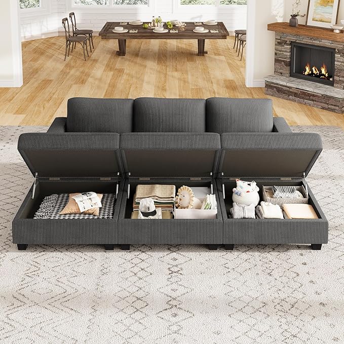 Nolany Corduroy Sectional Couch with Storage Ottoman, Sleeper Sectional Sofa with Chaise, Modular Sectional Couches for Living Room, Dark Grey