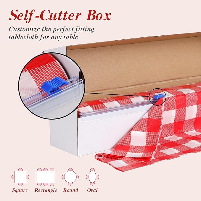 Goodluck 54 Inch X 300 Feet Plastic Table Cloths with Cutter Box, Red Checkered Disposable Table Cover Roll, Plastic Tablecloth for Party, Wedding, Birthday, Anniversary, Thanksgiving, Christmas