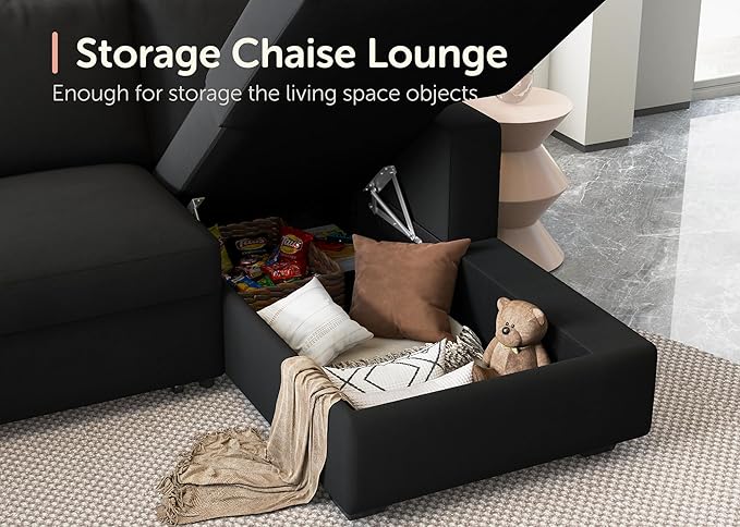 HONBAY Sectional Sleeper Sofa with Pull Out Bed U-Shape Sectional Couch with Storage Chaise 6 Seater Sleeper Sectional Sofa Bed, Velvet Black