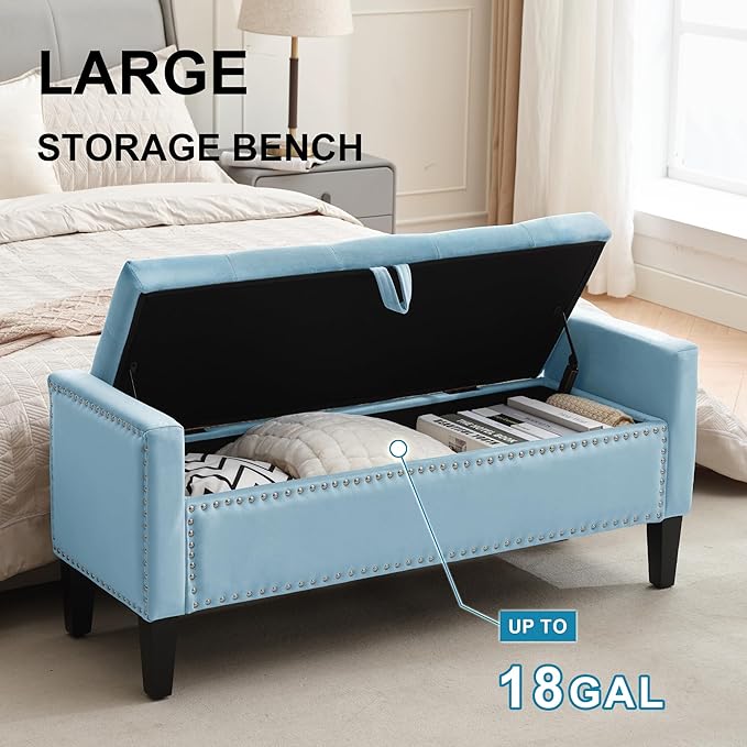 Storage Ottoman Bench, Velvet Upholstered Footstool for Bedroom and Living Room, Tufted Seat with Storage, Wooden Legs & Metal Rivets, Light Blue