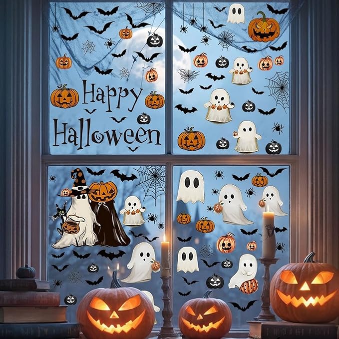 Halloween Ghost Window Clings for Glass 6 Sheets Cute Window Decals Spooky Window Stickers Pumpkin Spider Windows Cling for Halloween Fall Party Home School Office Glass Supplies Decorations