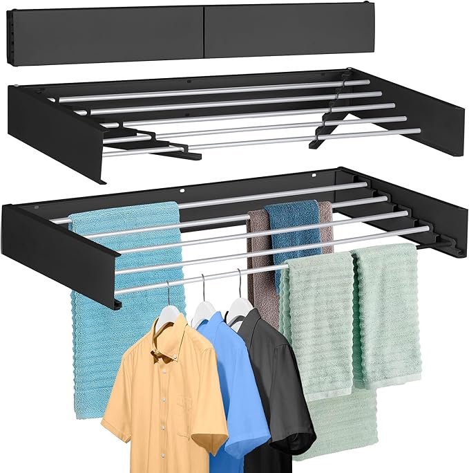 FOCHIER F Laundry Drying Rack Wall Mounted Clothes Drying Rack Collapsible with 5 Aluminum Rods and Drilling Template Long Screwdriver Bit 60 lbs Capacity (Black, 31.5")