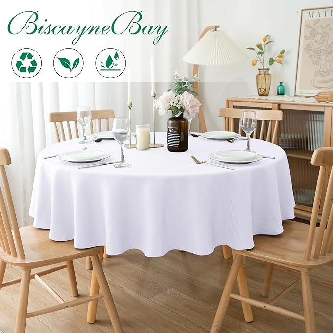 Biscaynebay Textured Fabric Round Tablecloths 70" for Round Tables diameters from 30" to 58", White Water Resistant Folding Table Covers Washable for Dining, Kitchen, Wedding, Parties etc