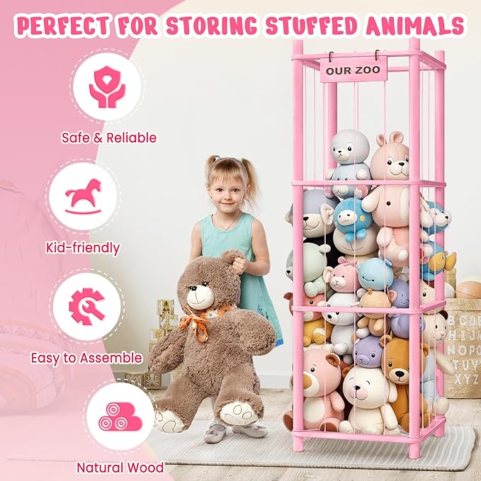Stuffed Animal Storage & Organizer, Wooden Cute Zoo Toy Holder for Toddler Rooms, Playrooms & Bedrooms（Pink）