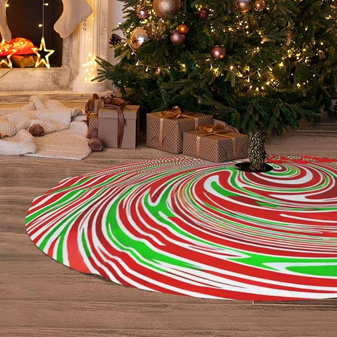 36" Red and Green Swirl Christmas Tree Skirt Sweet Peppermint Candy Tree Mat Base Cover for Xmas Festive Holiday Party Decoration Ornaments