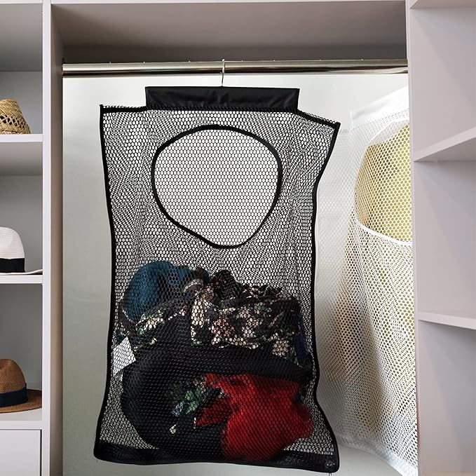 Hanging Mesh Laundry Hamper (30in*20in*2in) Large Dirty Clothes Bag, Can Be Used Behind The Door & Closet & Caravan& Bathroom (Black)