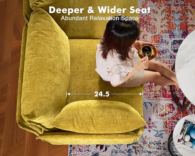 Luxury Modular Sectional Sofa, L-Shaped 3-Seat Couch with Storage Ottoman Deep Seat & Reversible Chaise Lounge Chenille Yellow for Compact Spaces, Apartments, Dorm