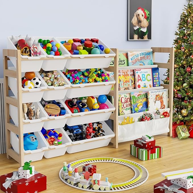 Large Toy Storage Organizer with Bookshelf, Toy Organizers and Storage with 12 Storage Bins, 4 Tier Multipurpose Toys Organizer Storage for Kids Room, Playroom, Nursery Room, White