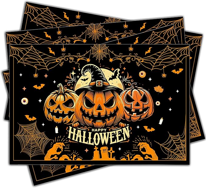 Halloween Spooky Placemats Set of 4, 12x18 Inch Pumpkin Bat Table Mats, Washable Heat Resistant Place Mats for Kitchen Dining Table, Halloween Themed Decoration for Home-B05