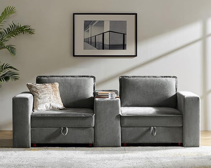 HULALA HOME 88" Loveseat Sofa with USB Port and Console, Oversized 2 Seater Sofa with Storage Ottoman, Comfy Upholstered Loveseat Couch for Living Room Bedroom, FSC Certified, Grey