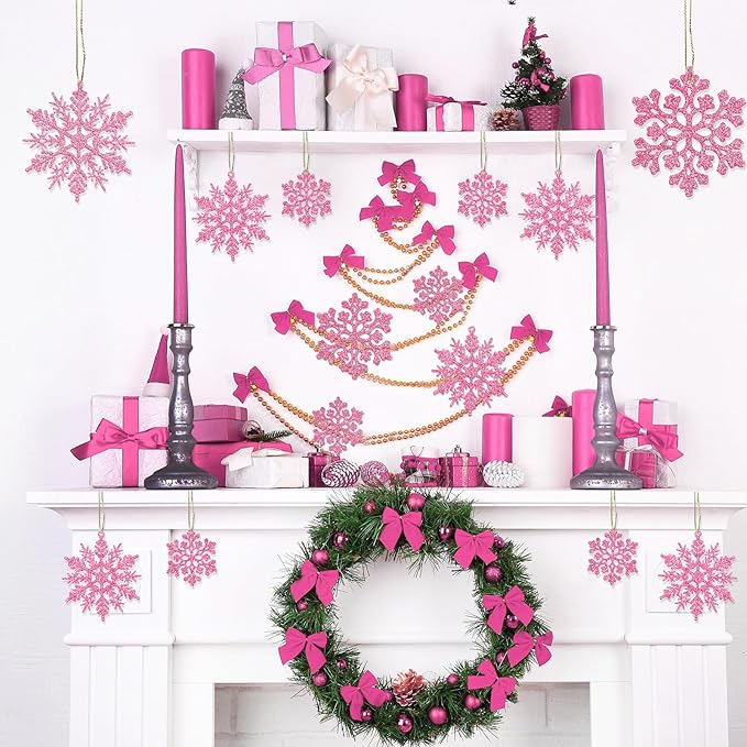 36pcs Christmas Light Pink Snowflake Ornaments Plastic Glitter Snow Flakes Ornaments for Winter Christmas Tree Decorations Size Varies Craft Snowflakes